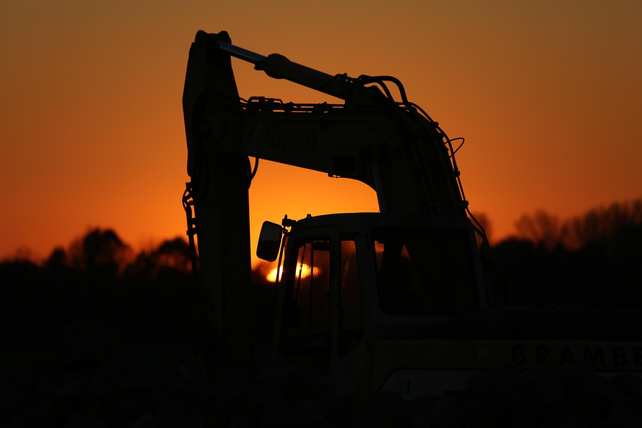excavator, construction machine, eve, sunset, construction site, construction work, tracked vehicle, nature, vehicles, road construction
