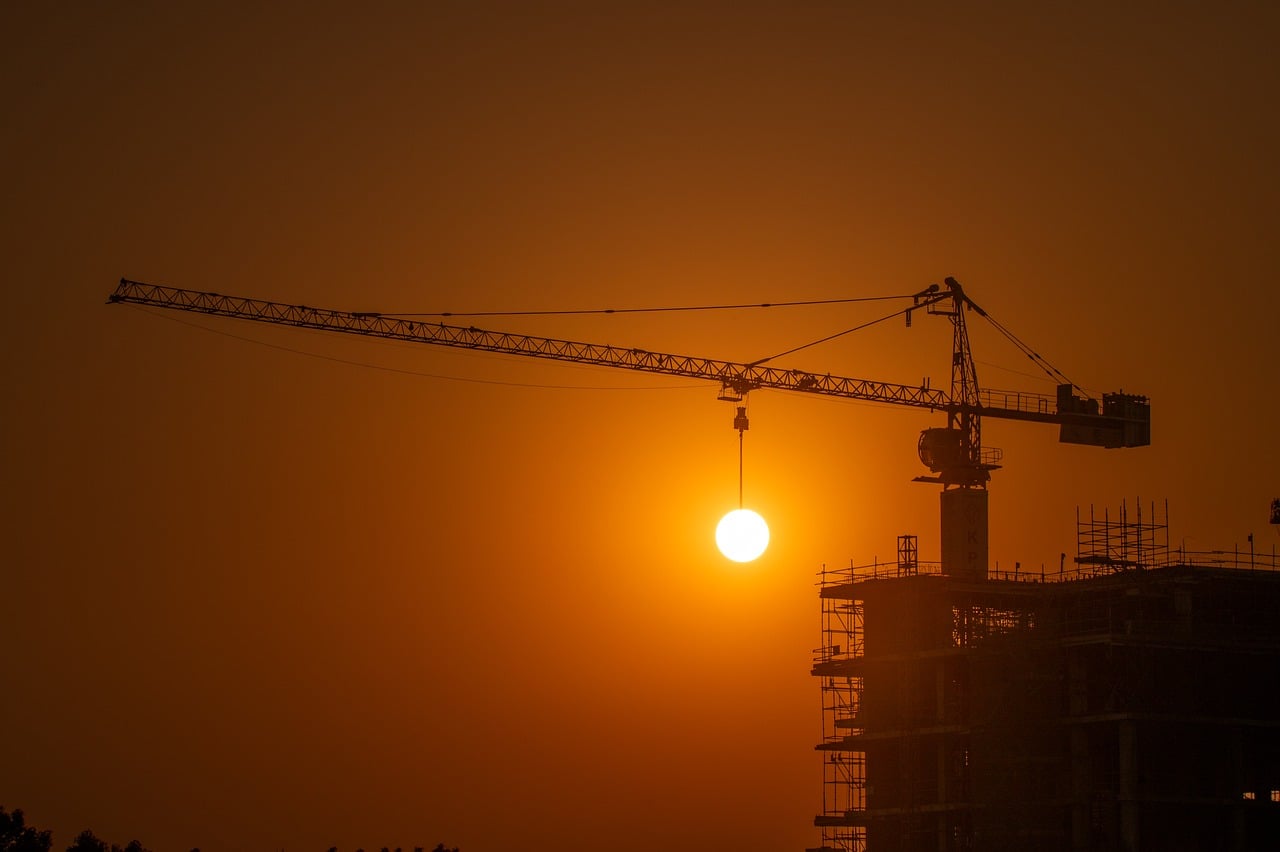 sunset, dusk, landscape, sun, sky, horizon, silhouette, evening, tower crane, engineering, construction site, architecture, building, nature, road, panorama, construction, evening light, documentation, industry, work environment, overview